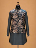 Men's Grey Kurta Pajama with Floral Printed Nehru Jacket | Premium Wedding & Festive Ethnic Wear