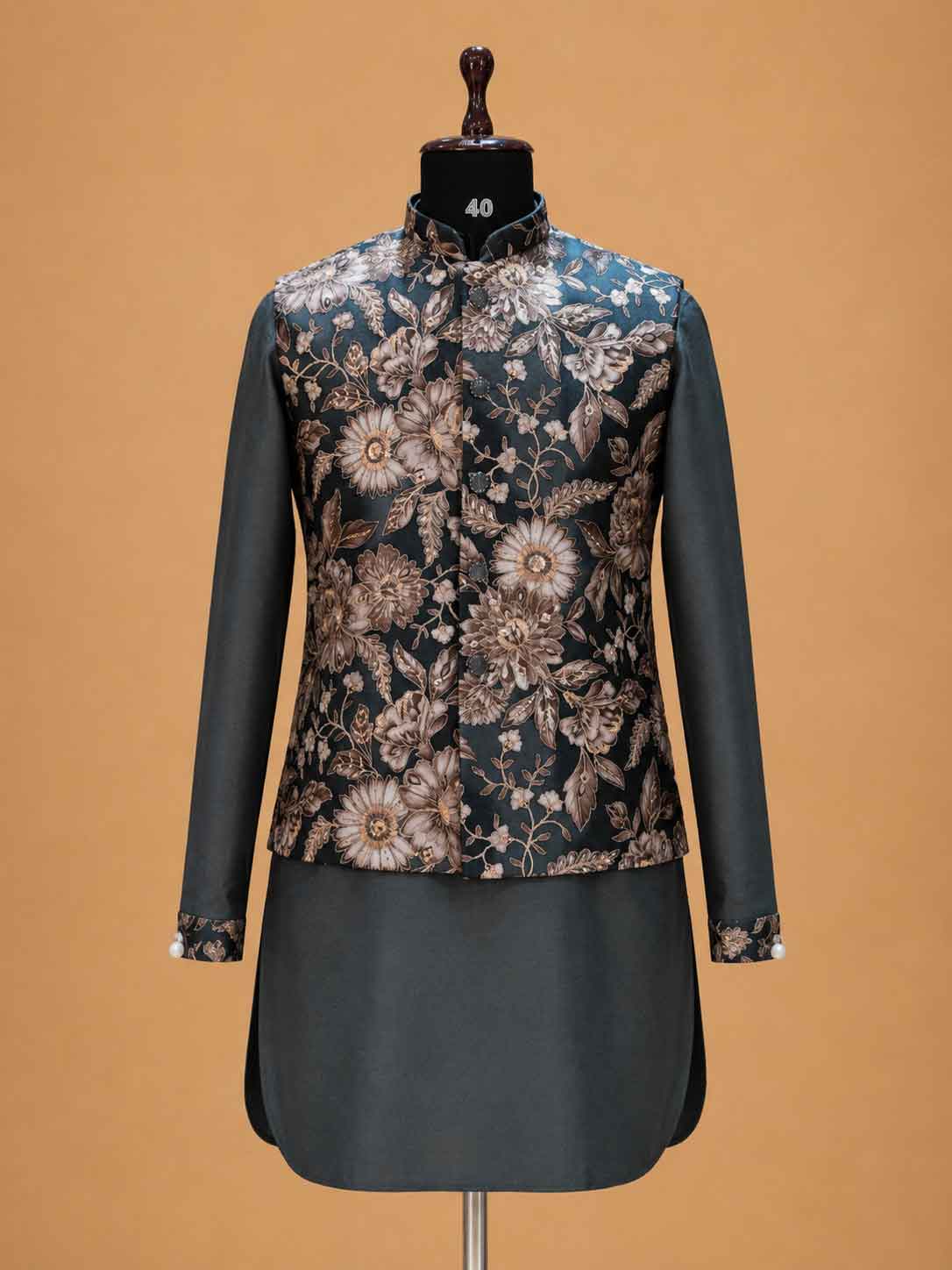 Men's Grey Kurta Pajama with Floral Printed Nehru Jacket | Premium Wedding & Festive Ethnic Wear