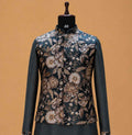 Men's Grey Kurta Pajama with Floral Printed Nehru Jacket | Premium Wedding & Festive Ethnic Wear