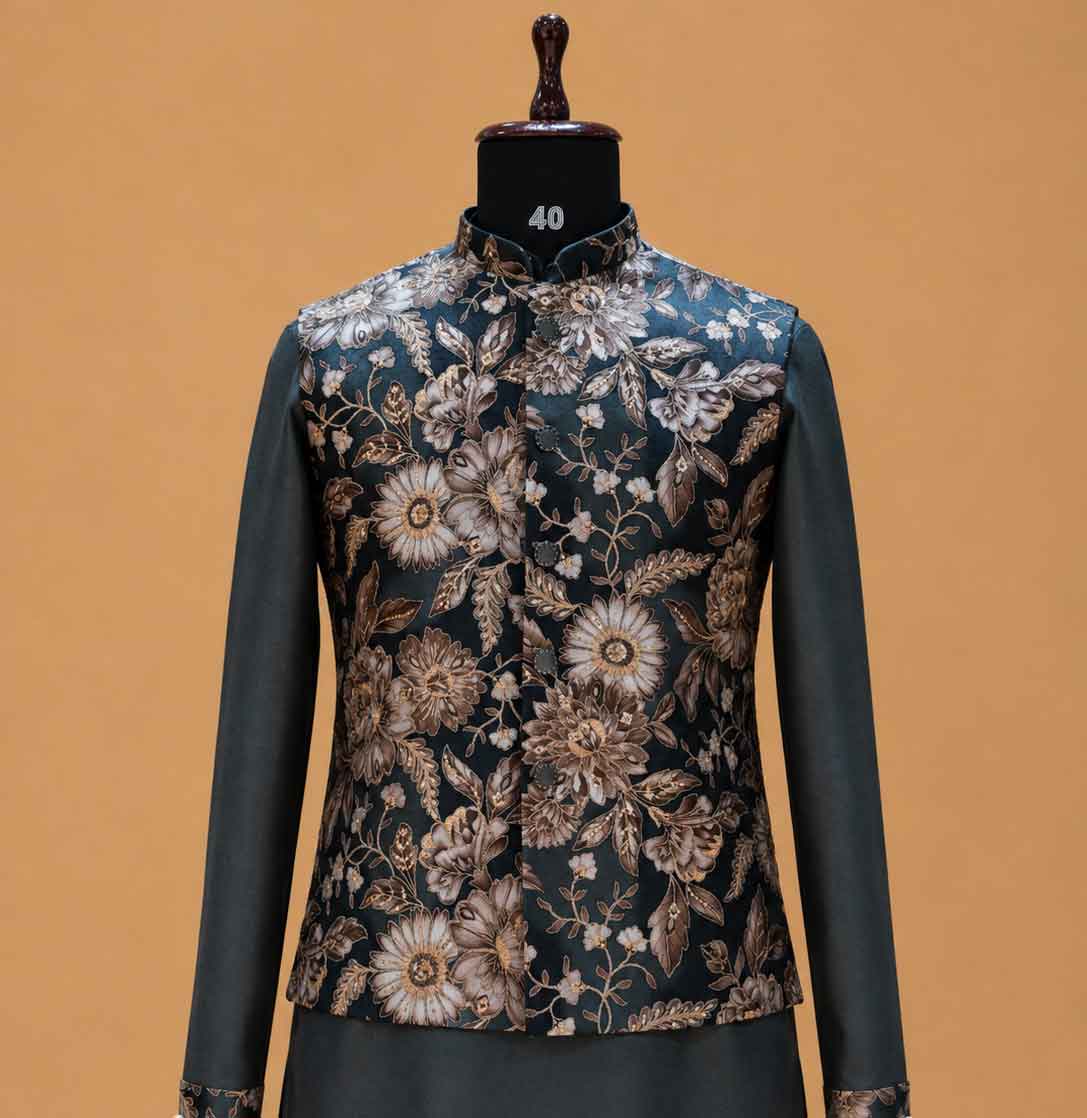 Men's Grey Kurta Pajama with Floral Printed Nehru Jacket | Premium Wedding & Festive Ethnic Wear