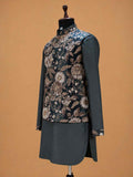 Men's Grey Kurta Pajama with Floral Printed Nehru Jacket | Premium Wedding & Festive Ethnic Wear