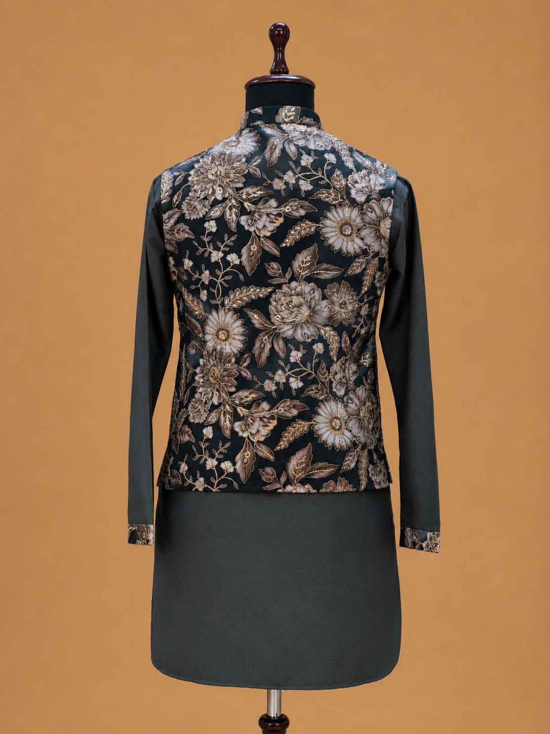 Men's Grey Kurta Pajama with Floral Printed Nehru Jacket | Premium Wedding & Festive Ethnic Wear