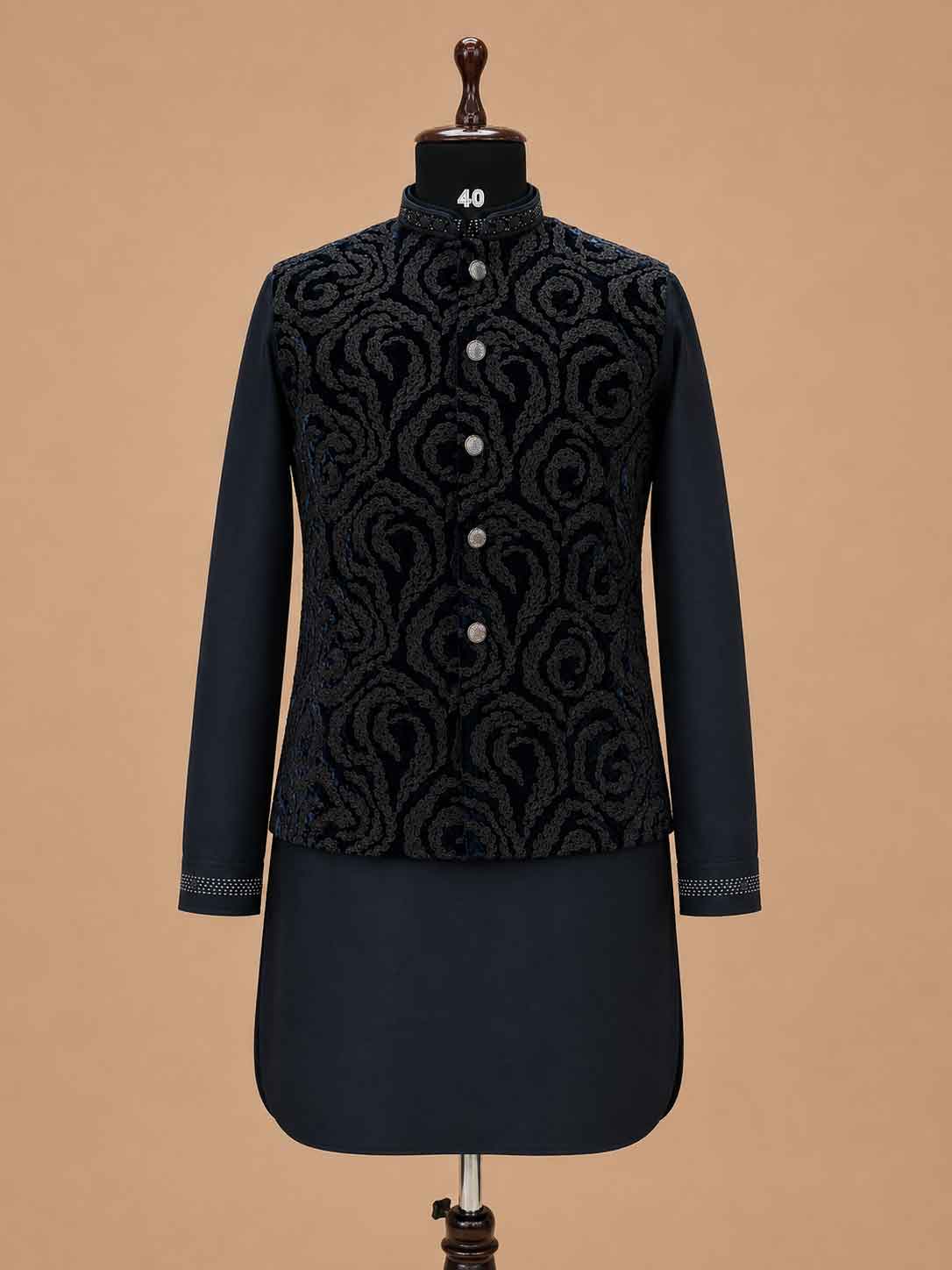 Men's Navy Blue Kurta Pajama with Designer Jacquard Nehru Jacket | Premium Wedding & Festive Ethnic Wear