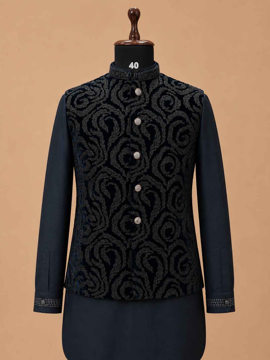 Men's Navy Blue Kurta Pajama with Designer Jacquard Nehru Jacket | Premium Wedding & Festive Ethnic Wear