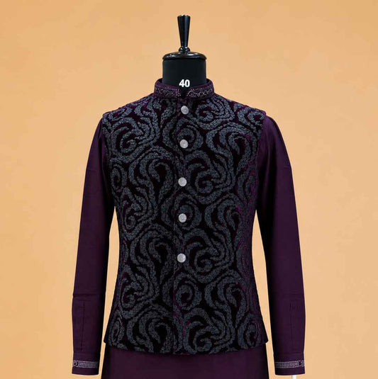 Men's wine kurta pajama with jacquard Nehru jacket - view 2