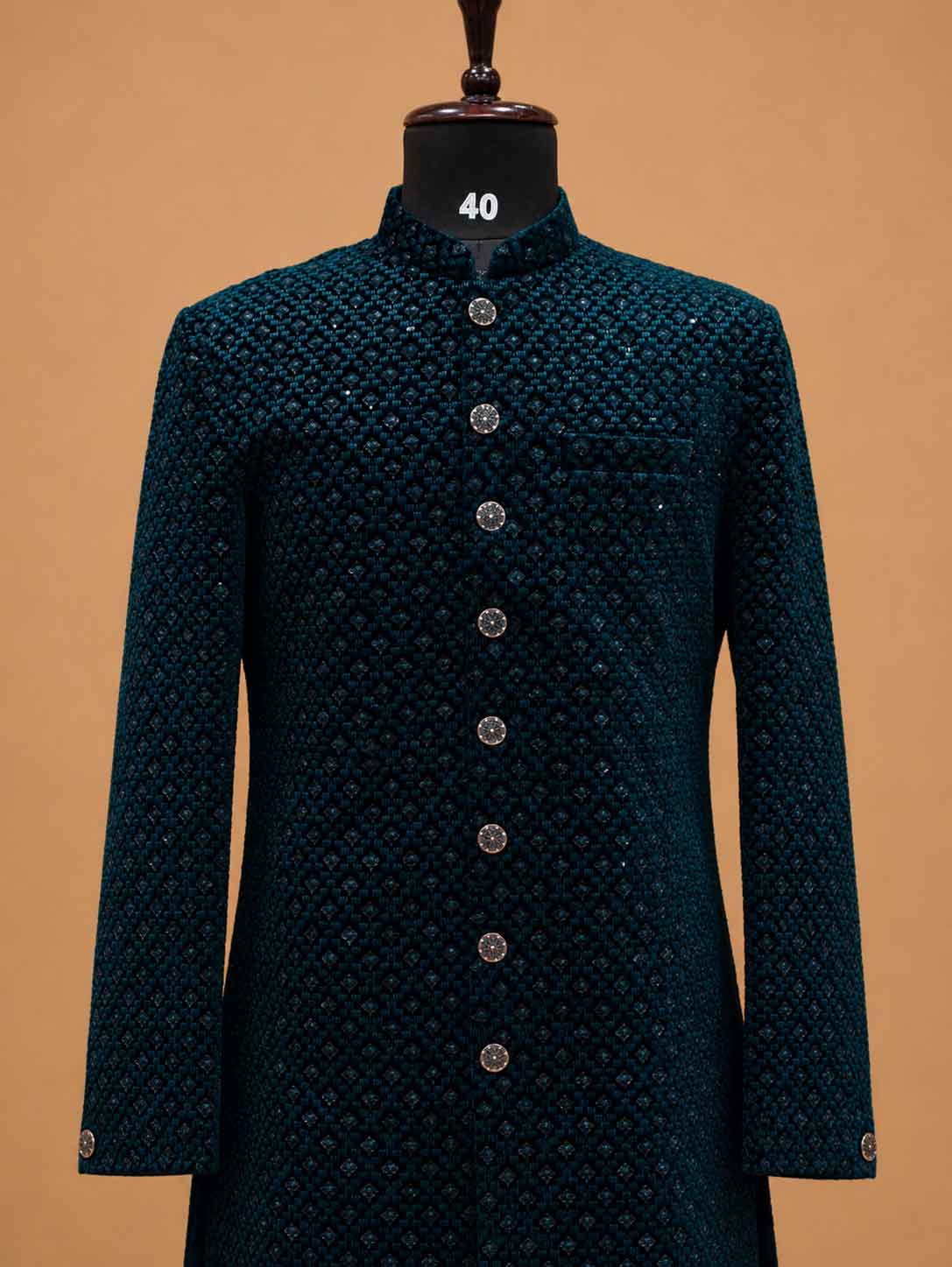 Men's Teal Designer Sherwani | Premium Jacquard Wedding Sherwani for Groom & Festive Wear