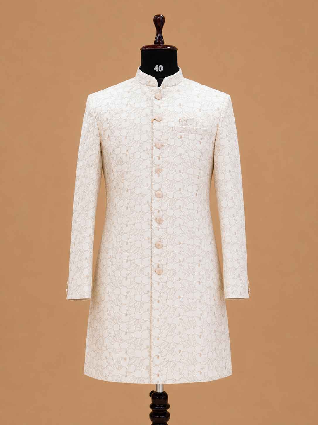 Men's Cream Floral Jacquard Sherwani | Premium Wedding Sherwani for Groom & Reception Wear