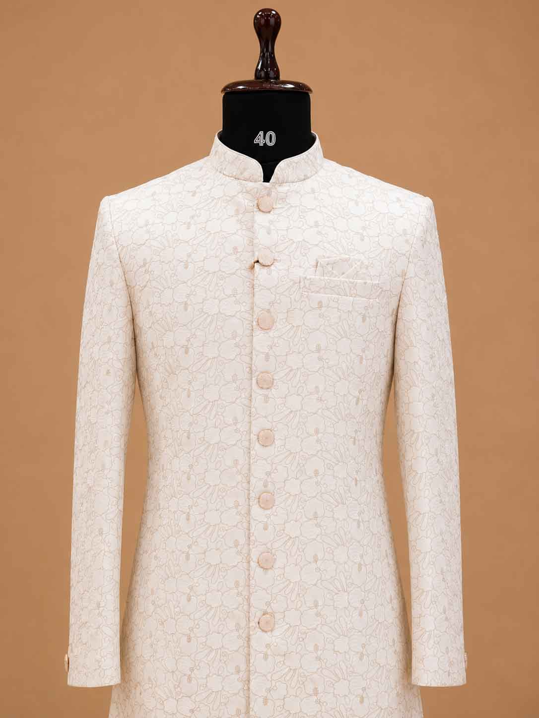 Men's Cream Floral Jacquard Sherwani | Premium Wedding Sherwani for Groom & Reception Wear