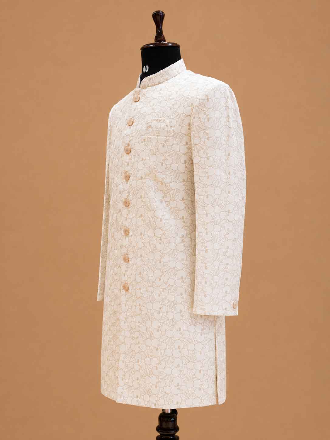 Men's Cream Floral Jacquard Sherwani | Premium Wedding Sherwani for Groom & Reception Wear