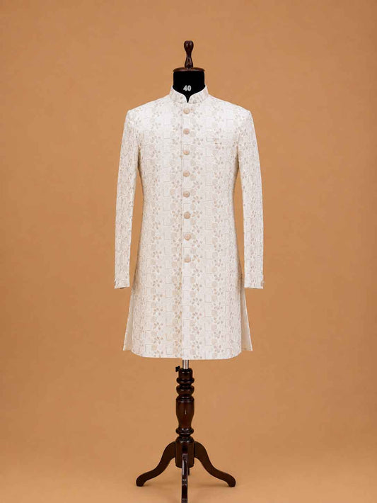 Men's cream designer jacquard wedding sherwani - view 2