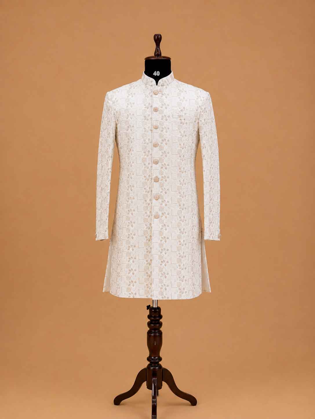 Men's Cream Designer Sherwani | Premium Jacquard Wedding Sherwani for Groom & Reception Wear