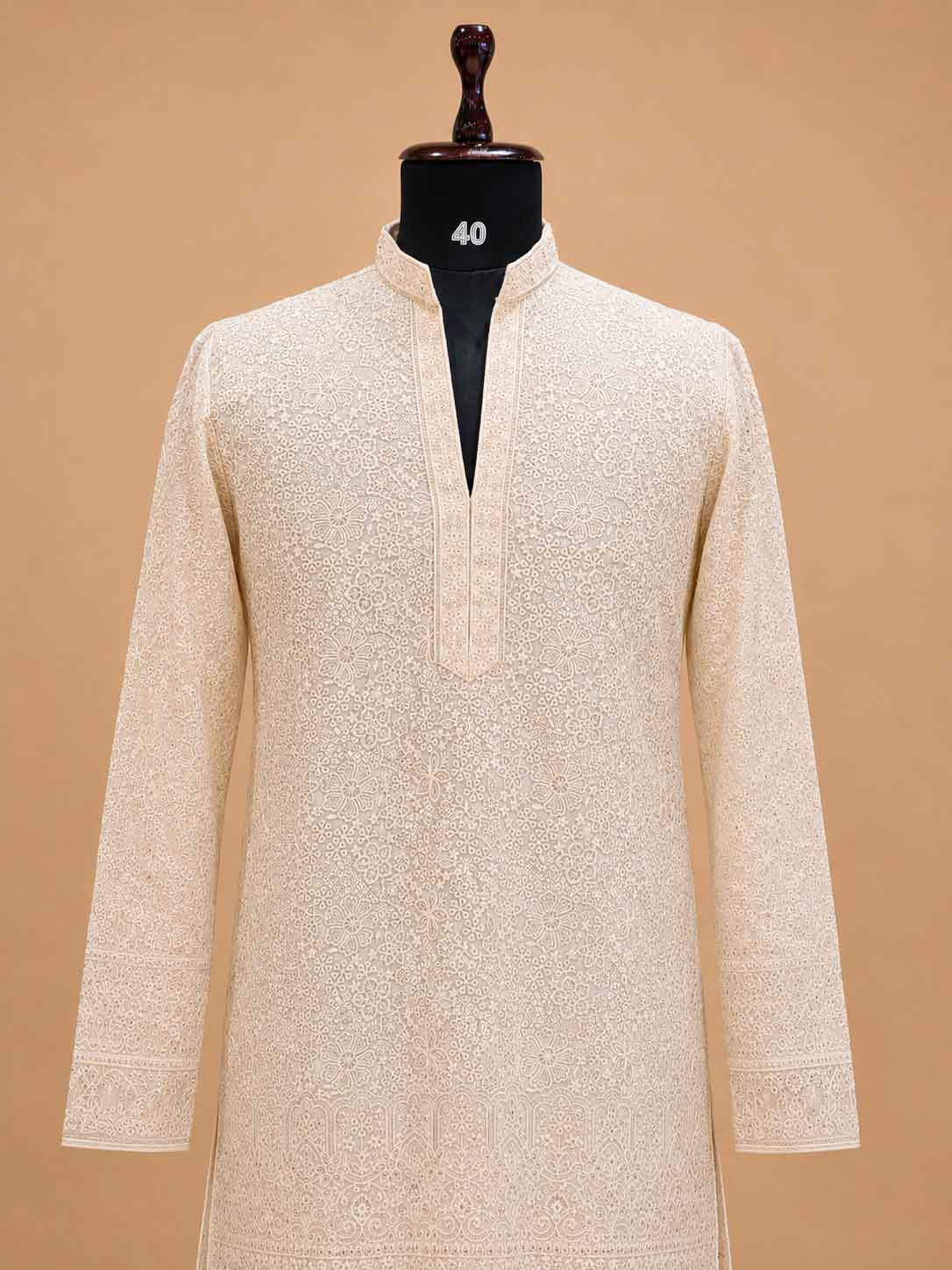 Men's Cream Embroidered Kurta Pajama | Premium Designer Ethnic Wear for Weddings & Festive Occasions