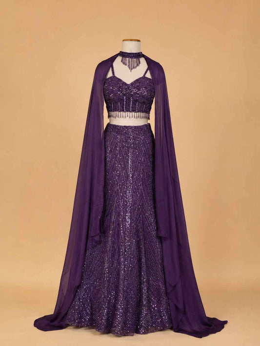 Wine embroidered lehenga set with blouse and dupatta - view 2