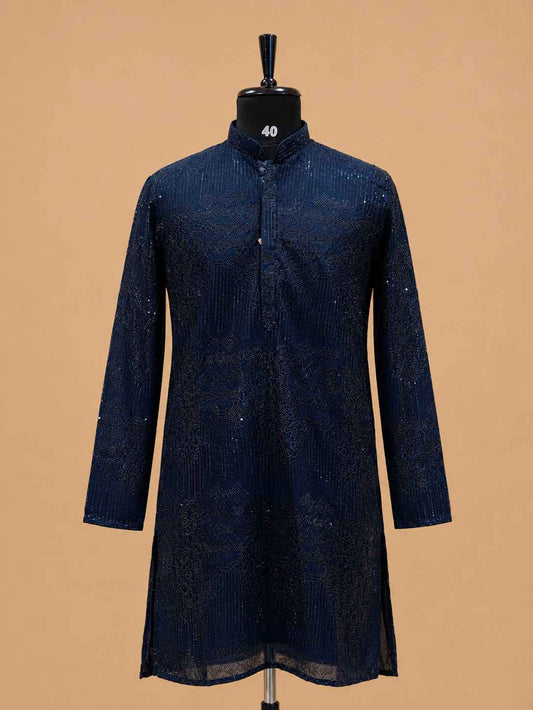 Men's navy blue embroidered kurta set - view 2