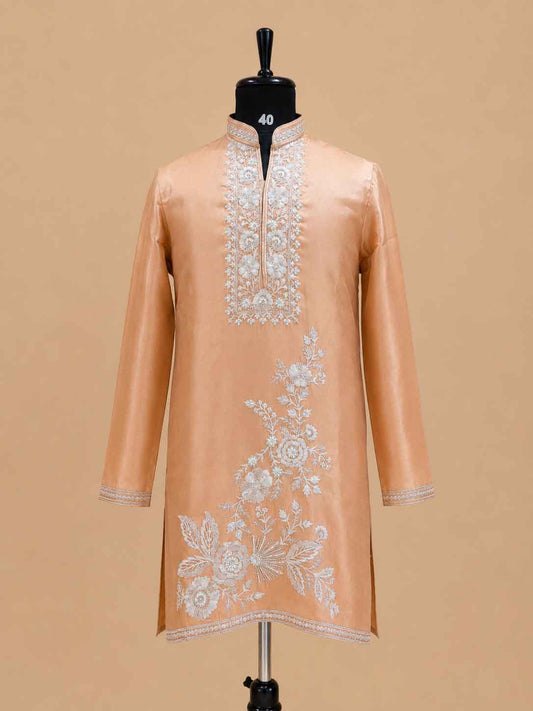 Men's gold embroidered kurta set with open jacket - view 2