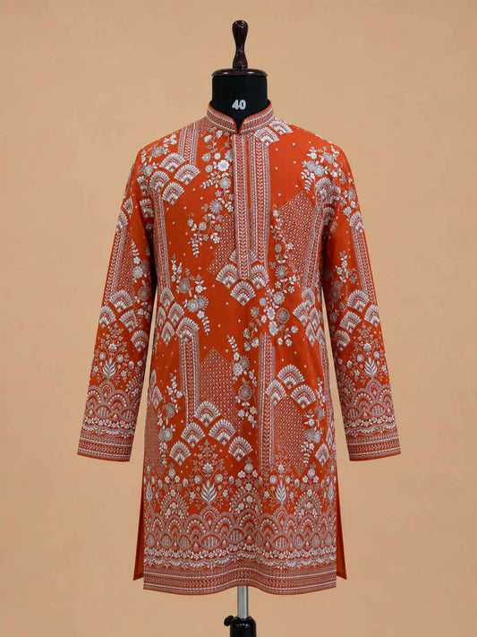 Men's rust embroidered kurta set - view 2