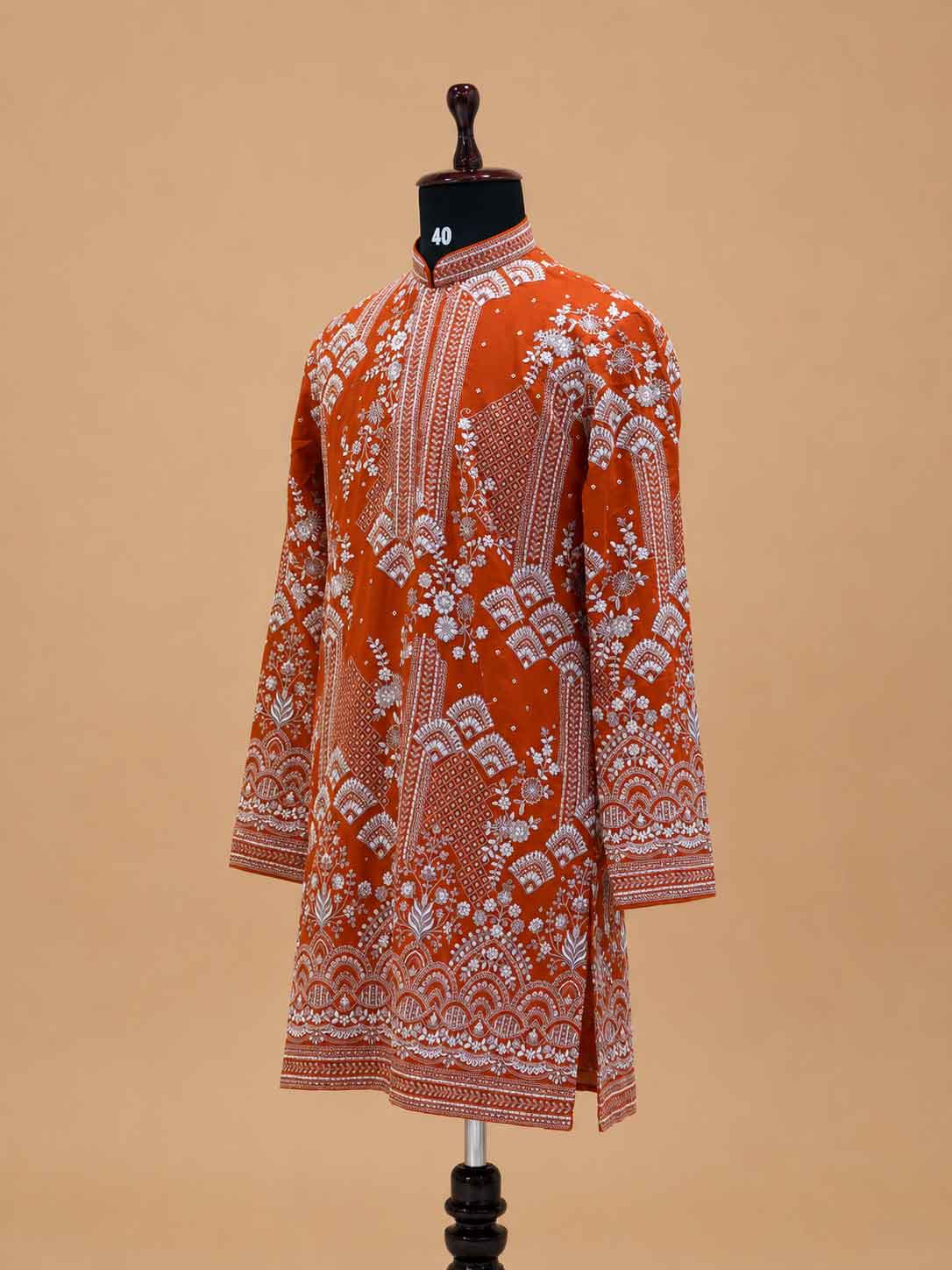 Men's Rust Embroidered Kurta Set | Premium Designer Ethnic Wear for Wedding, Festive & Traditional Occasions