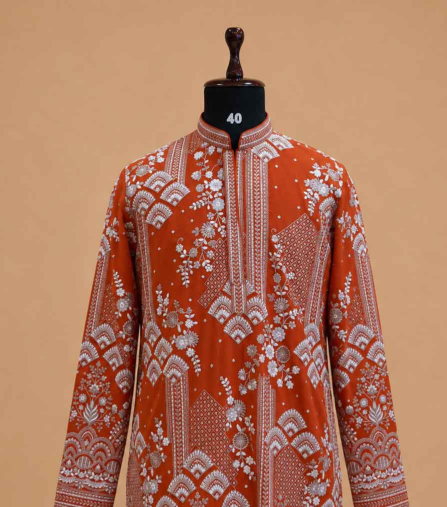 Men's Rust Embroidered Kurta Set | Premium Designer Ethnic Wear for Wedding, Festive & Traditional Occasions
