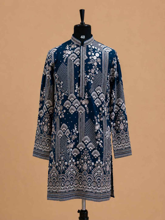 Men's teal embroidered kurta set - view 2