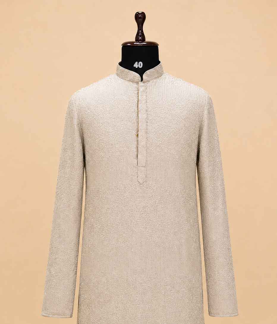 Men’s Brown Embroidered Kurta with White Trouser | Premium Ethnic Wear for Weddings & Festive Occasions