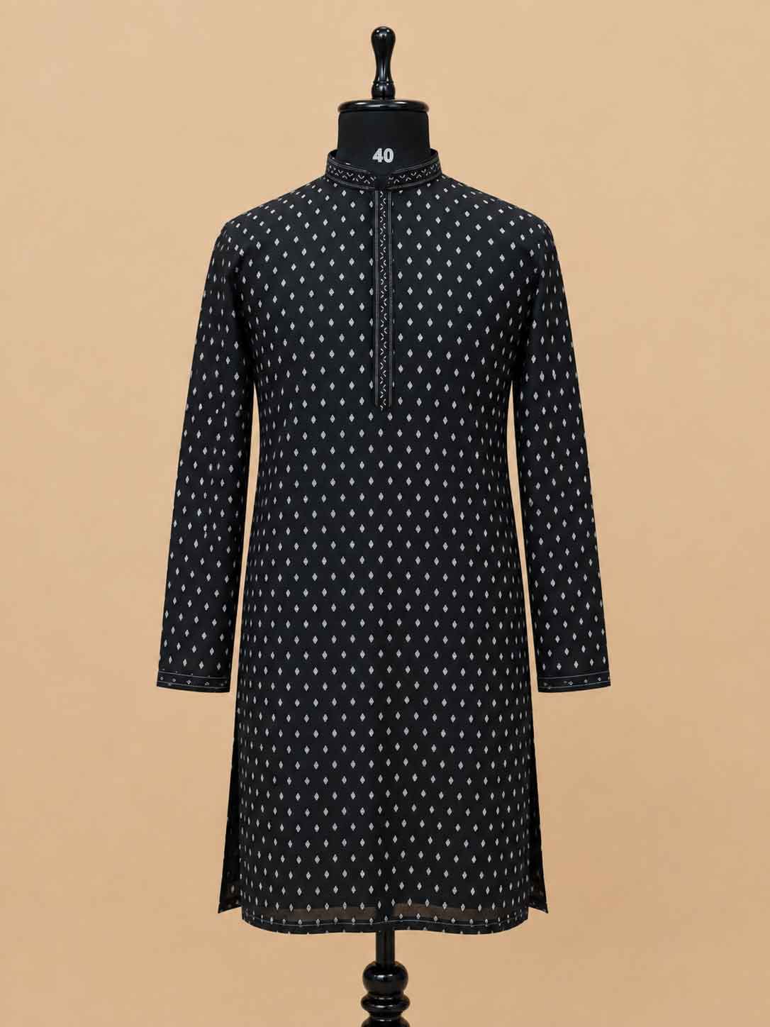Men’s Black Printed Kurta with White Trousers | Elegant Festive Ethnic Wear