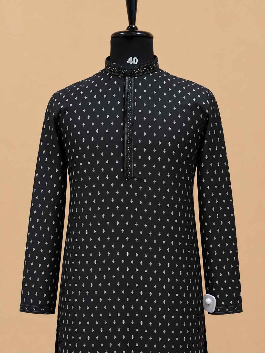 Men’s Black Printed Kurta with White Trousers | Elegant Festive Ethnic Wear