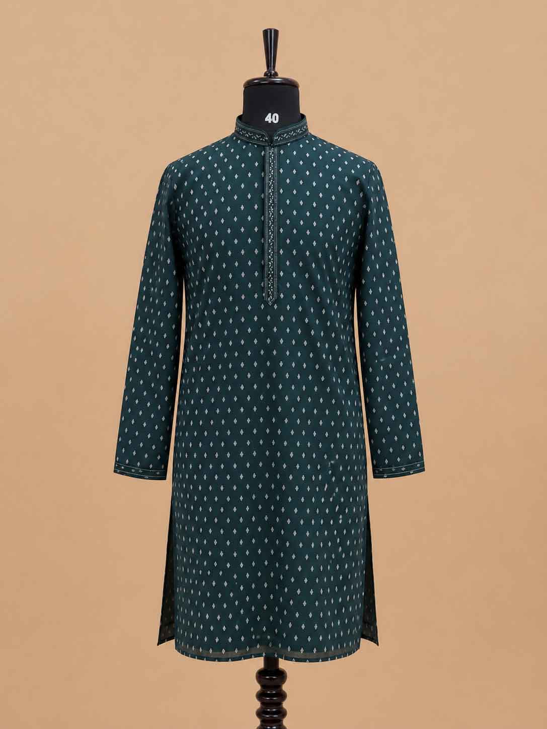 Men’s Green Printed Kurta with White Trousers | Elegant Festive Ethnic Wear