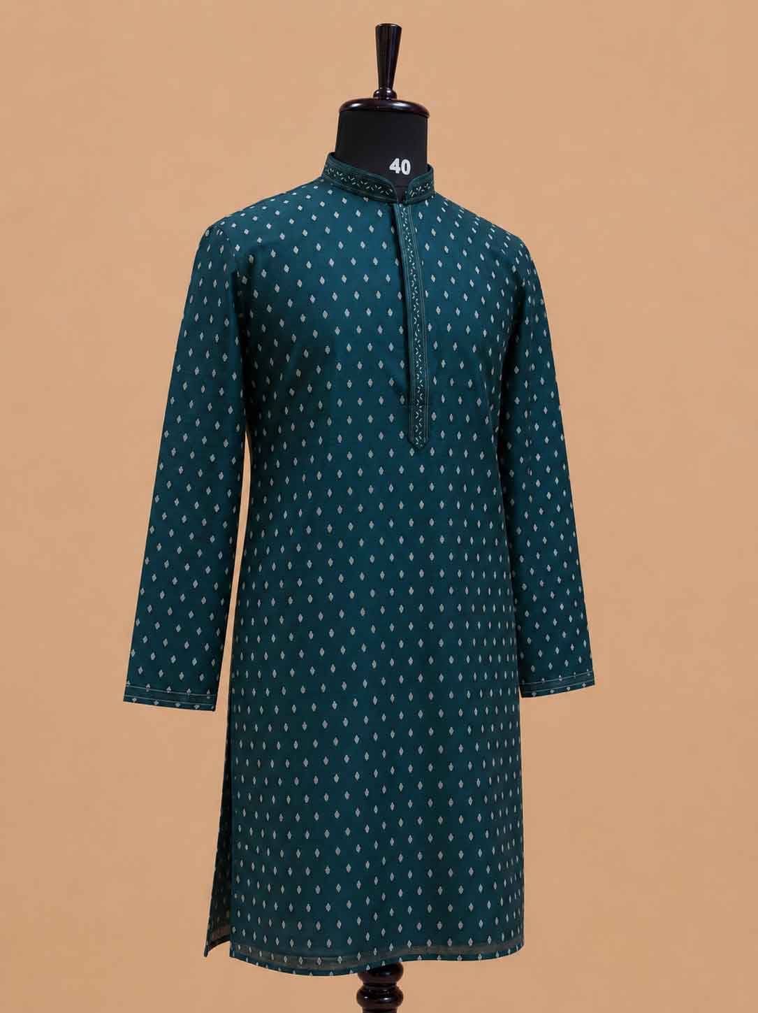 Men’s Green Printed Kurta with White Trousers | Elegant Festive Ethnic Wear
