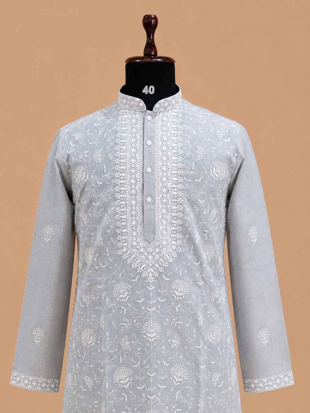Men’s Grey Embroidered Kurta with White Trousers | Elegant Festive Ethnic Wear