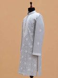 Men’s Grey Embroidered Kurta with White Trousers | Elegant Festive Ethnic Wear