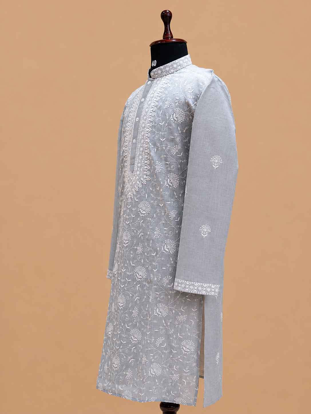 Men’s Grey Embroidered Kurta with White Trousers | Elegant Festive Ethnic Wear