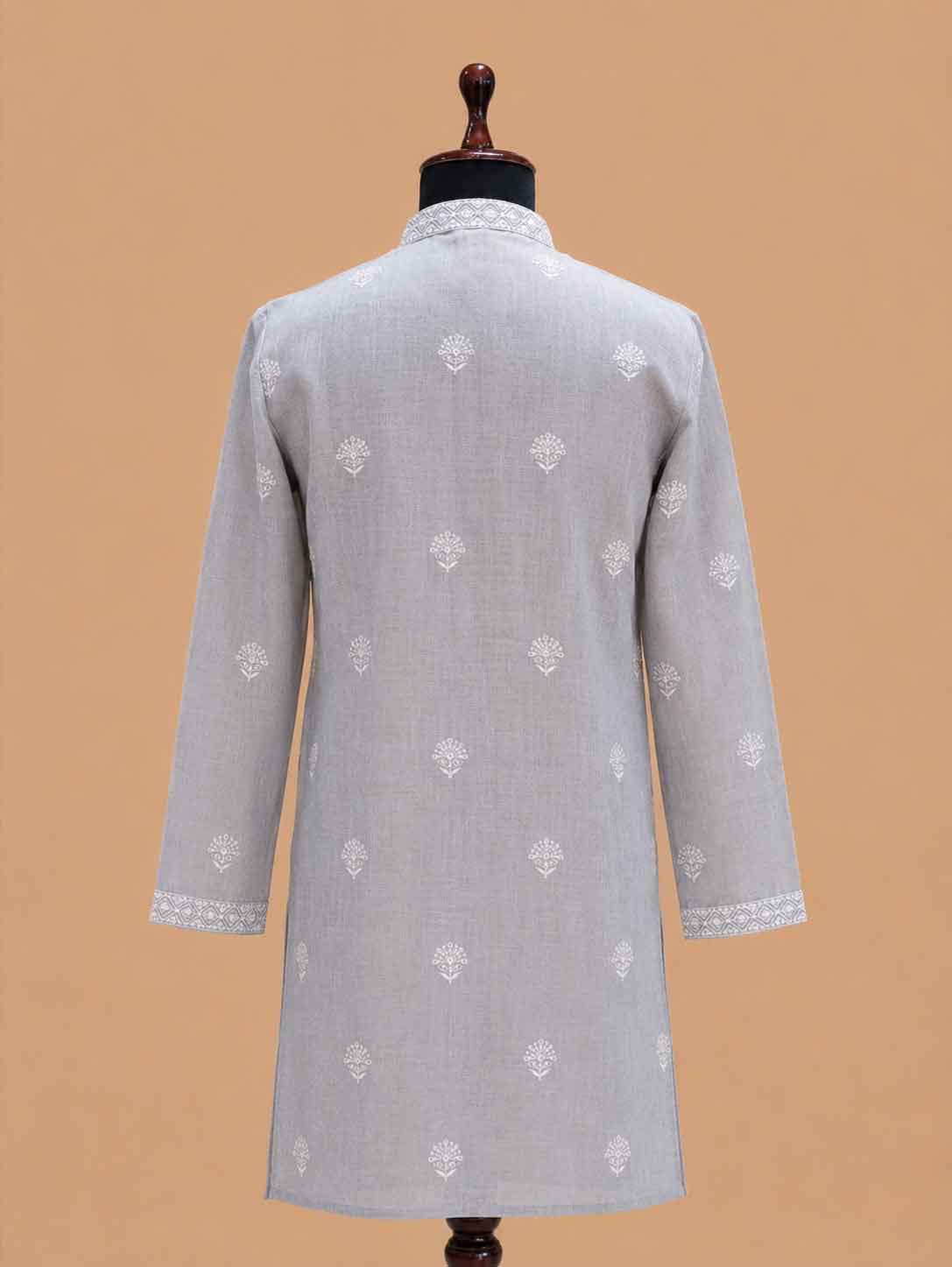 Men’s Grey Embroidered Kurta with White Trousers | Elegant Festive Ethnic Wear