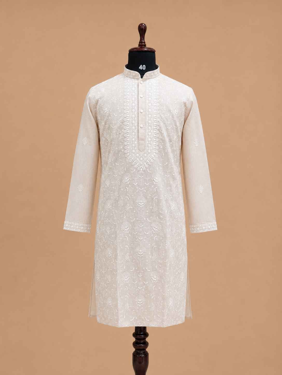Men’s Gold Kurta with White Embroidery & Trousers | Elegant Festive Ethnic Wear