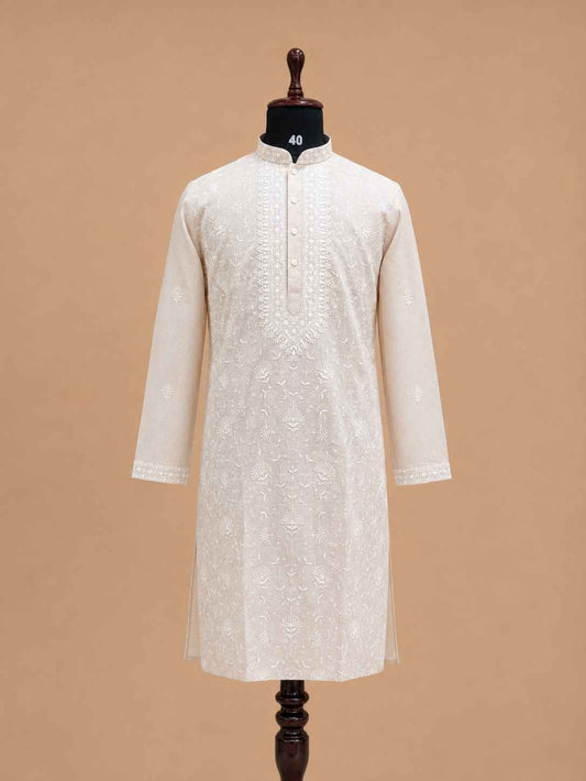 Men's gold kurta with white embroidery and trousers - view 2
