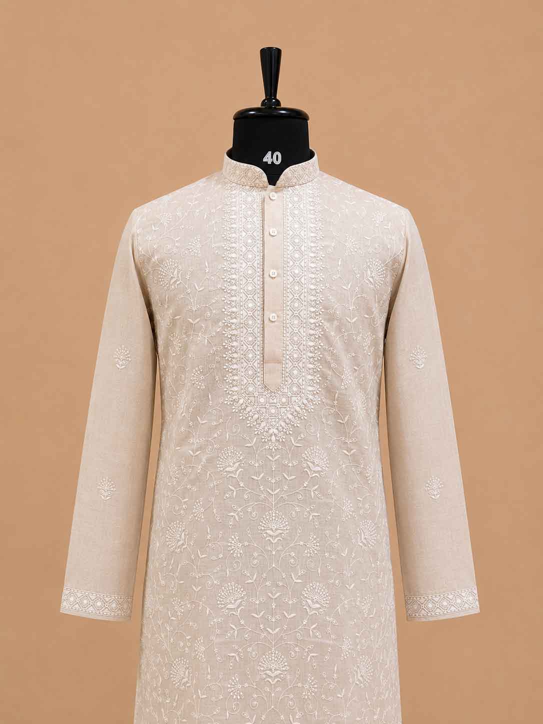 Men’s Gold Kurta with White Embroidery & Trousers | Elegant Festive Ethnic Wear