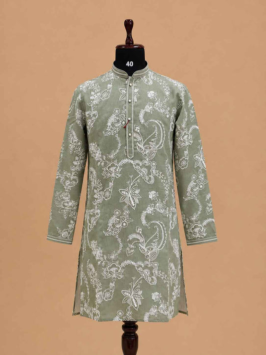 Men's pista green embroidered kurta with white trousers - view 2