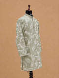 Men’s Pista Green Embroidered Kurta with White Trousers | Elegant Festive Ethnic Wear