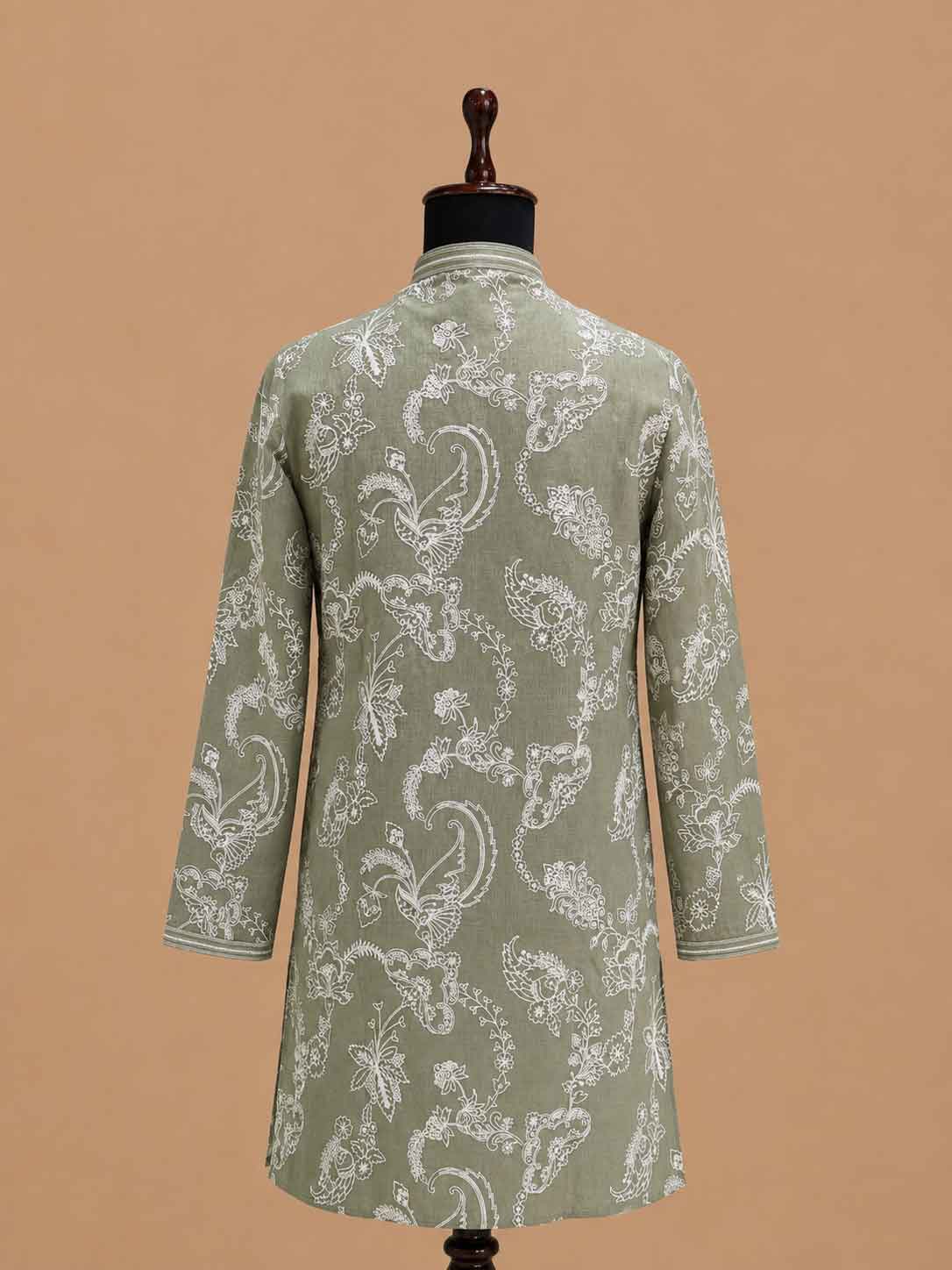 Men’s Pista Green Embroidered Kurta with White Trousers | Elegant Festive Ethnic Wear