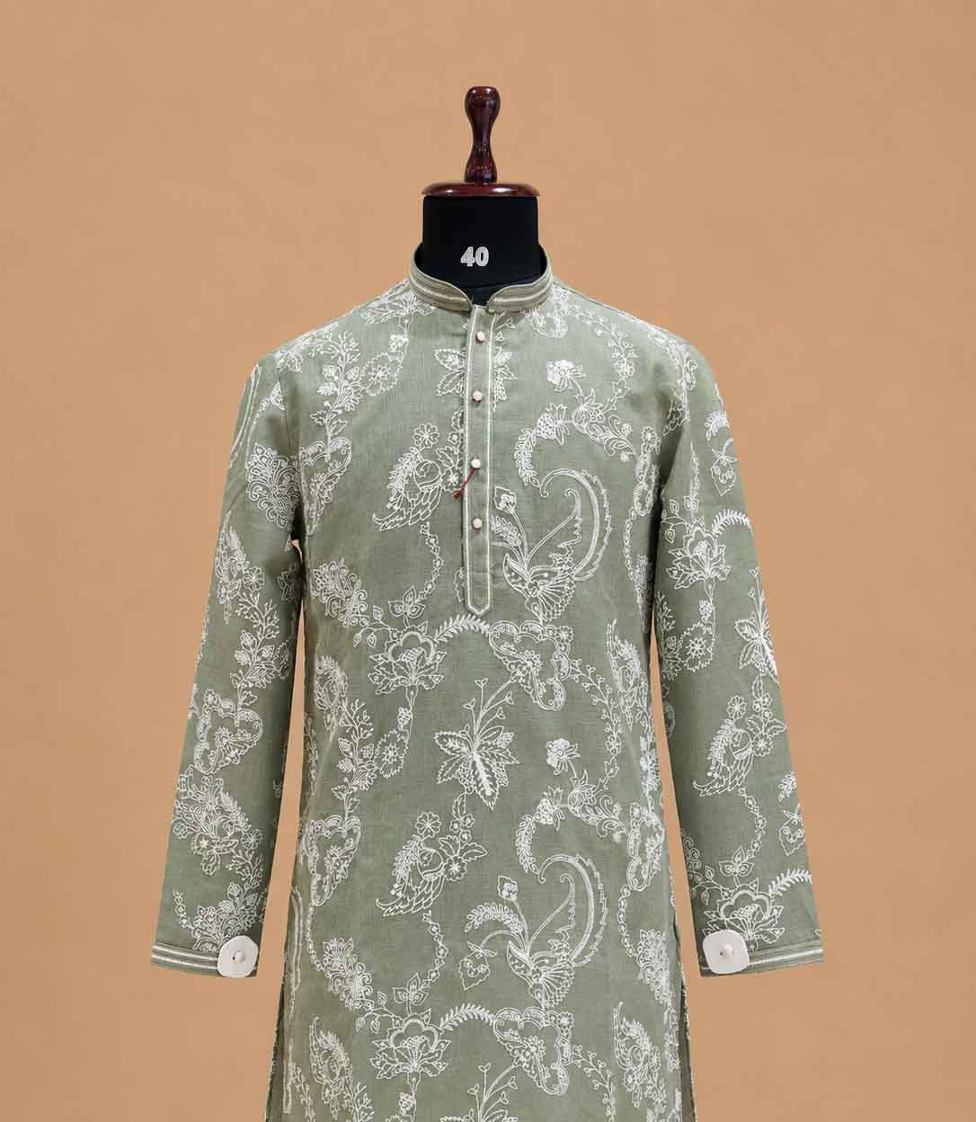 Men’s Pista Green Embroidered Kurta with White Trousers | Elegant Festive Ethnic Wear