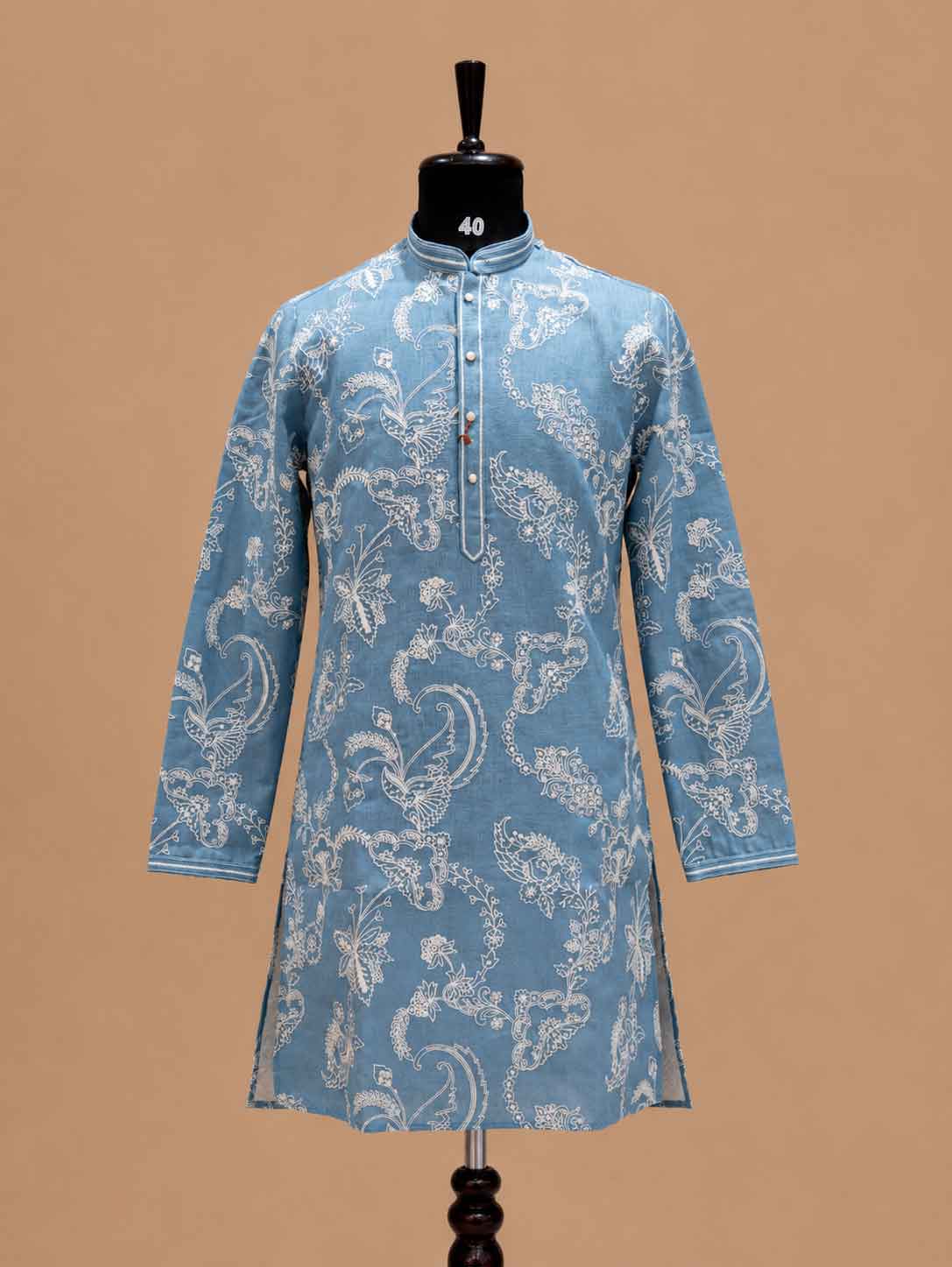 Men’s Sky Blue Printed Kurta with White Trousers | Elegant Festive Ethnic Wear