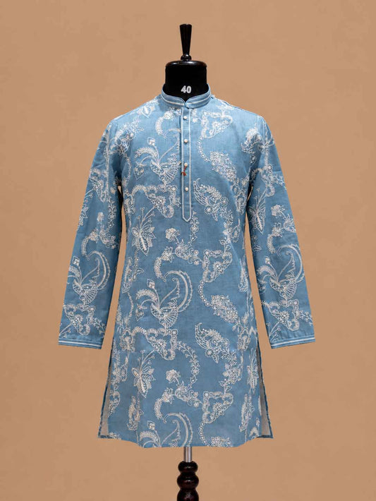 Men's sky blue printed kurta with white trousers - view 2