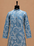 Men’s Sky Blue Printed Kurta with White Trousers | Elegant Festive Ethnic Wear