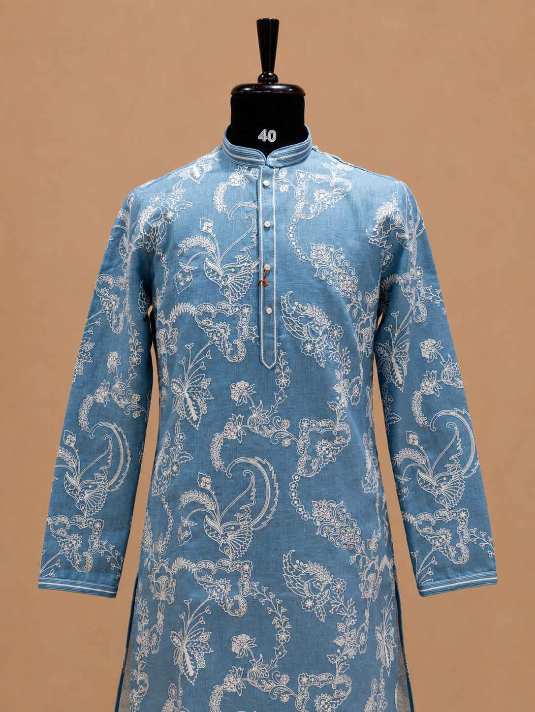 Men’s Sky Blue Printed Kurta with White Trousers | Elegant Festive Ethnic Wear