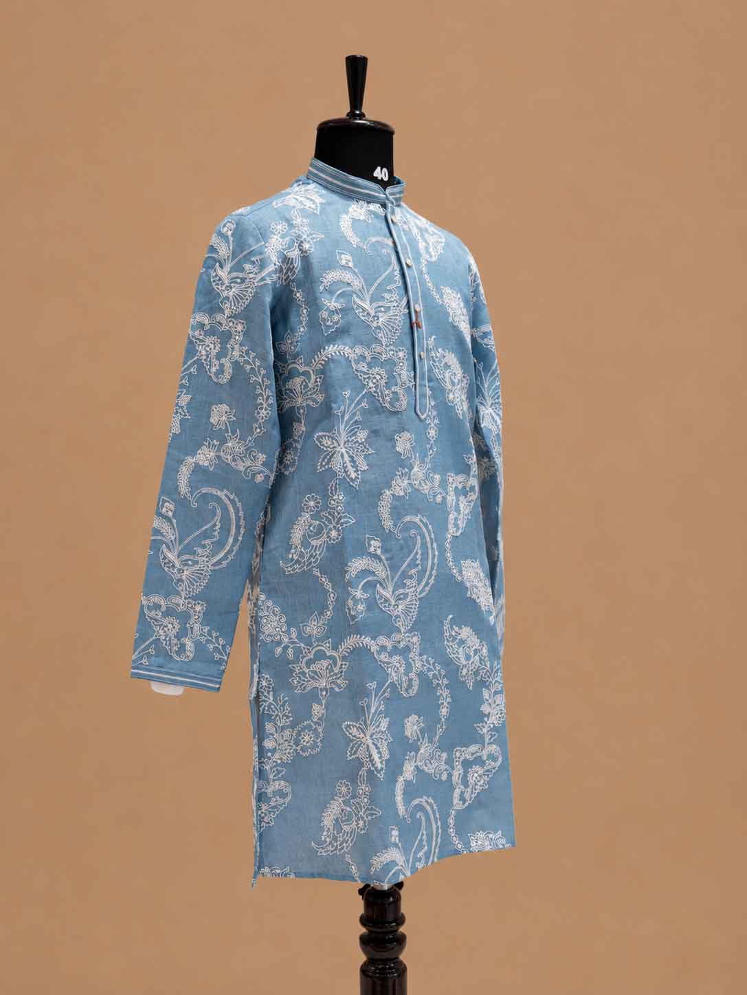 Men’s Sky Blue Printed Kurta with White Trousers | Elegant Festive Ethnic Wear