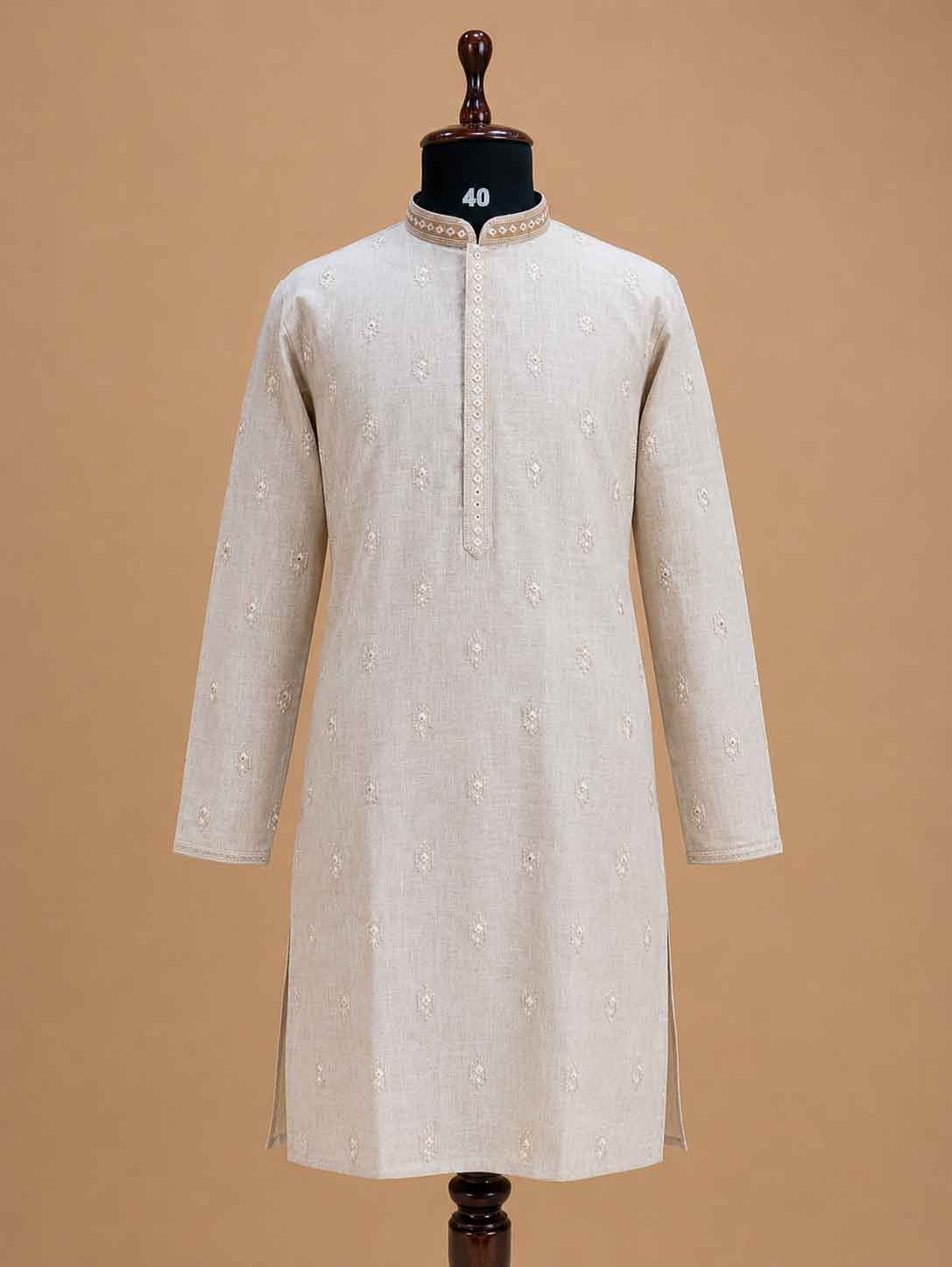 Men’s Beige Embroidered Kurta with White Trousers | Elegant Festive Ethnic Wear