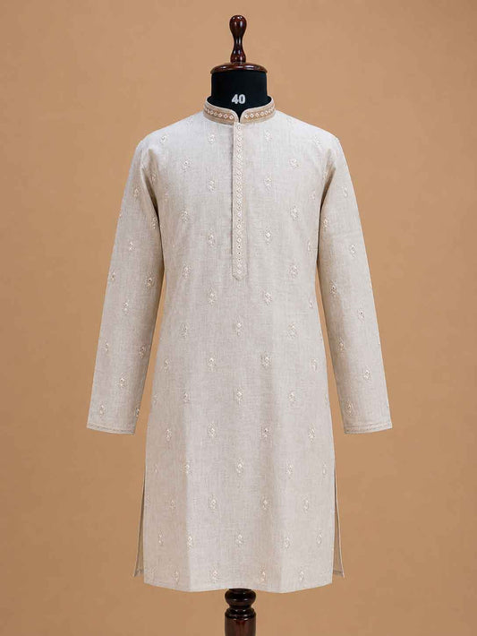 Men's beige embroidered kurta with white trousers - view 2