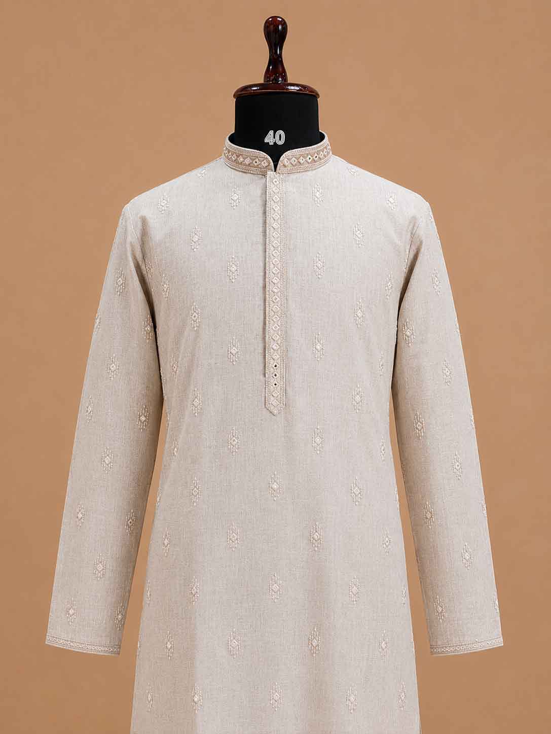 Men’s Beige Embroidered Kurta with White Trousers | Elegant Festive Ethnic Wear
