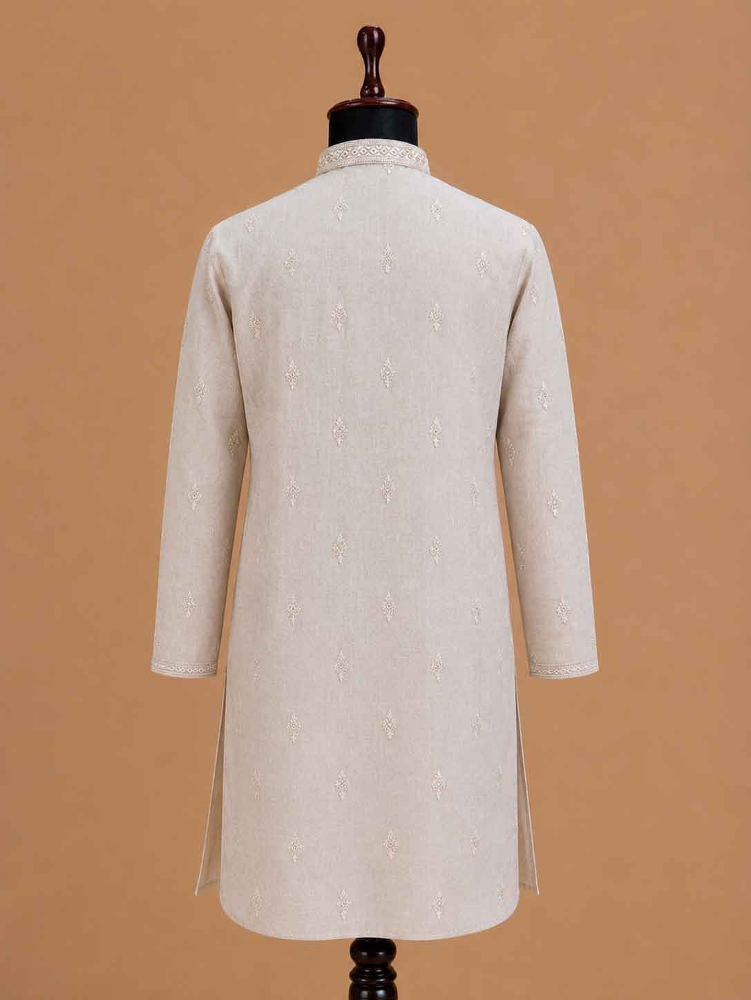 Men’s Beige Embroidered Kurta with White Trousers | Elegant Festive Ethnic Wear
