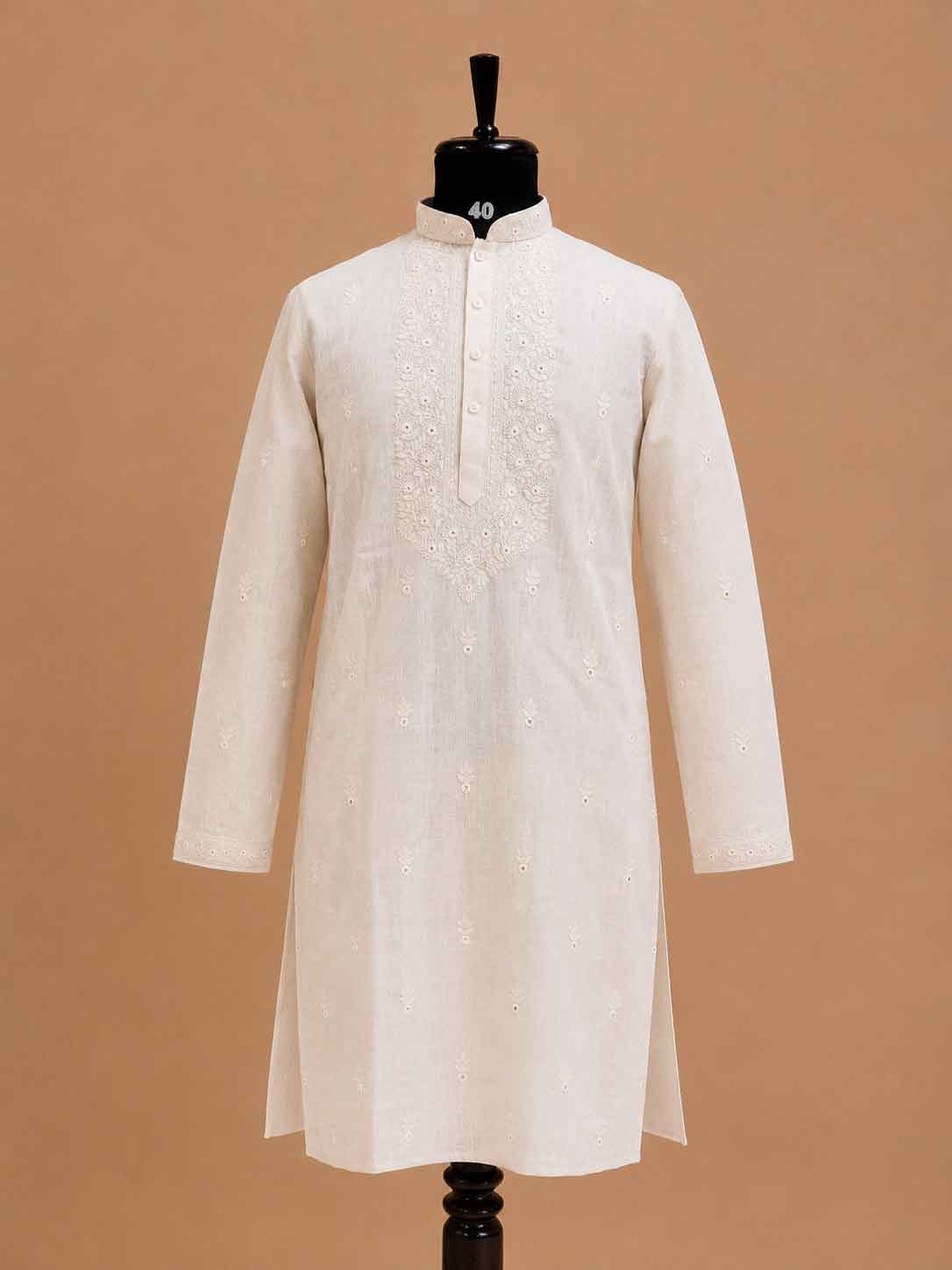 Men’s Cream Embroidered Kurta with White Trousers | Elegant Festive Ethnic Wear