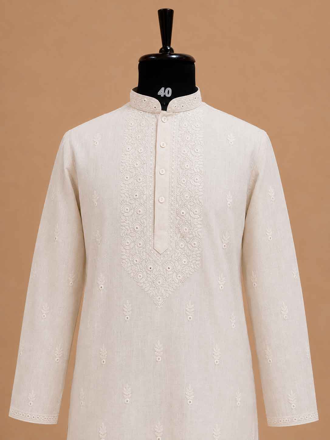 Men’s Cream Embroidered Kurta with White Trousers | Elegant Festive Ethnic Wear